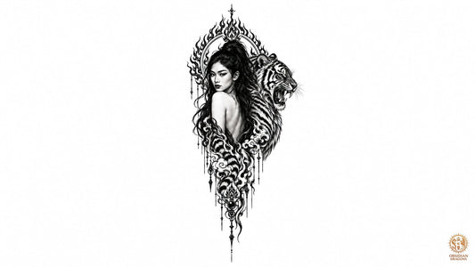 Illustration en noir et blanc d’un tigre dans le Feng Shui aux côtés d’une femme asiatique, symbole de force, de courage et de protection.