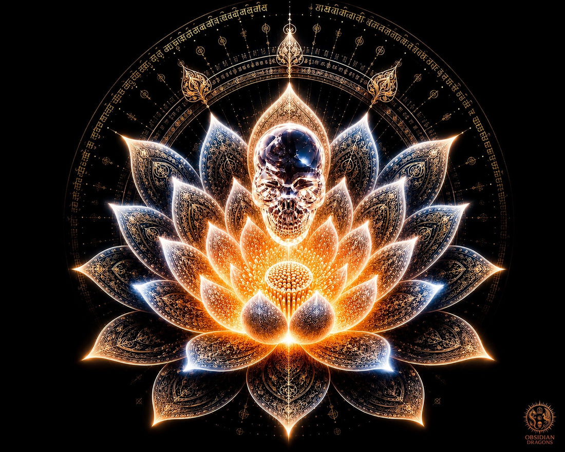 Crâne de cristal lumineux lévitant au-dessus d’un lotus sacré, mandala ésotérique et lumière dorée pour méditation et connexion akashique.