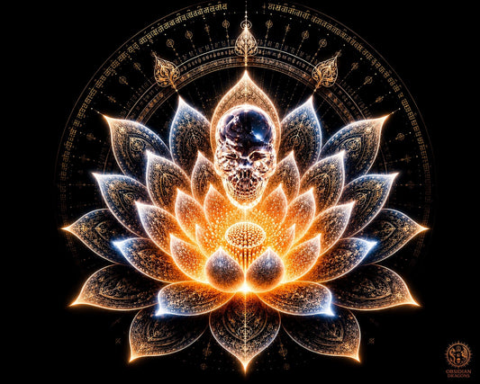 Crâne de cristal lumineux lévitant au-dessus d’un lotus sacré, mandala ésotérique et lumière dorée pour méditation et connexion akashique.
