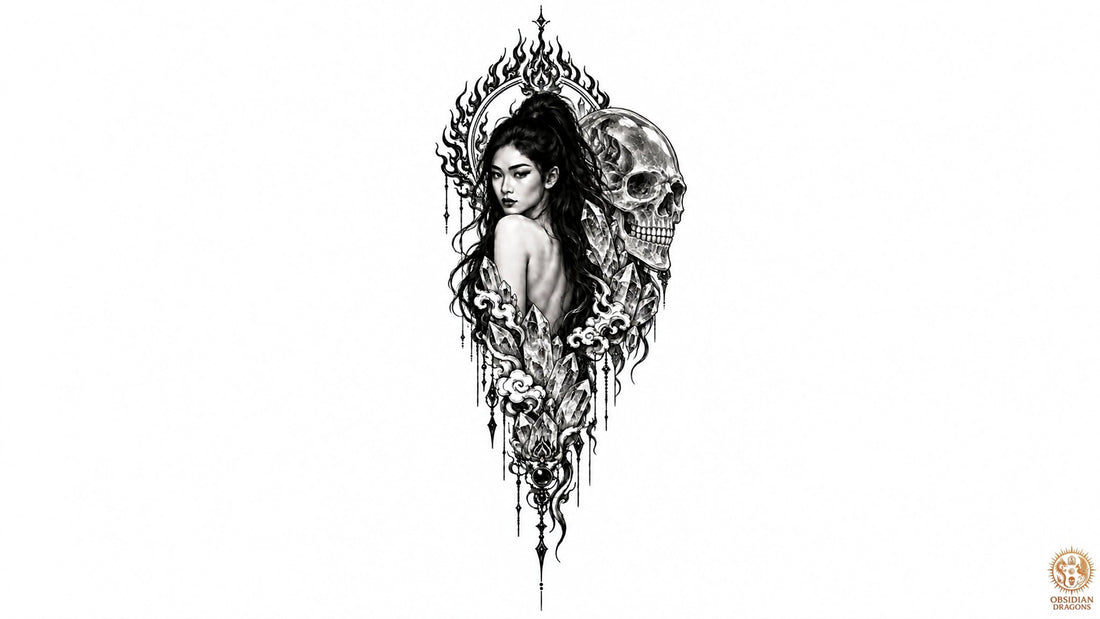 Méditer avec un crâne de cristal : femme asiatique auprès d’un crâne transparent et de pointes de quartz, illustration de connexion akashique en noir et blanc - Obsidian Dragons