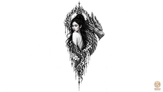 Femme asiatique et dragon protecteur sous une mandorle de flammes, illustration mystique en noir et blanc dédiée à la méditation draconique - Obsidian Dragons
