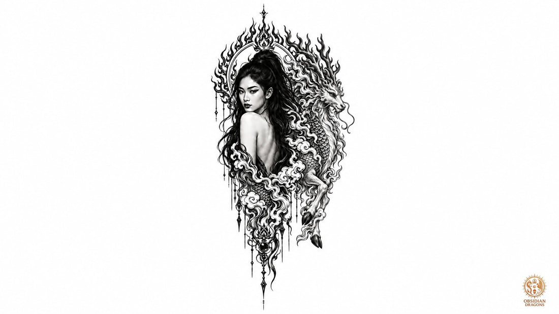 Qilin ou Kirin chinois aux côtés d’une femme asiatique sous une mandorle de flammes, illustration en noir et blanc de cette créature mythologique sacrée.