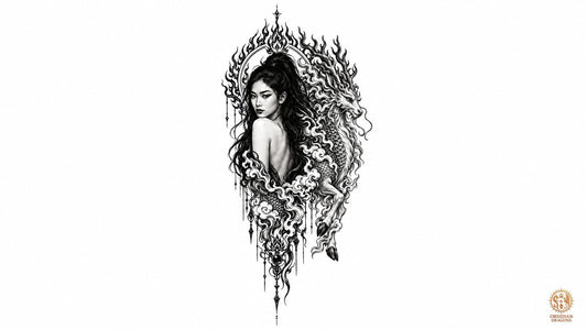 Qilin ou Kirin chinois aux côtés d’une femme asiatique sous une mandorle de flammes, illustration en noir et blanc de cette créature mythologique sacrée.