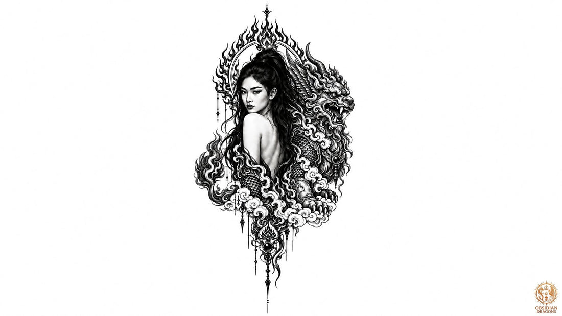 Pixiu chinois aux côtés d’une femme asiatique sous une mandorle de flammes, illustration Feng Shui en noir et blanc, symbole de richesse et de protection.