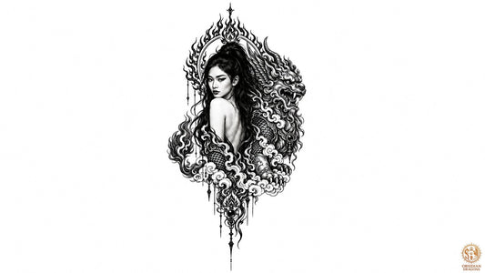 Pixiu chinois aux côtés d’une femme asiatique sous une mandorle de flammes, illustration Feng Shui en noir et blanc, symbole de richesse et de protection.