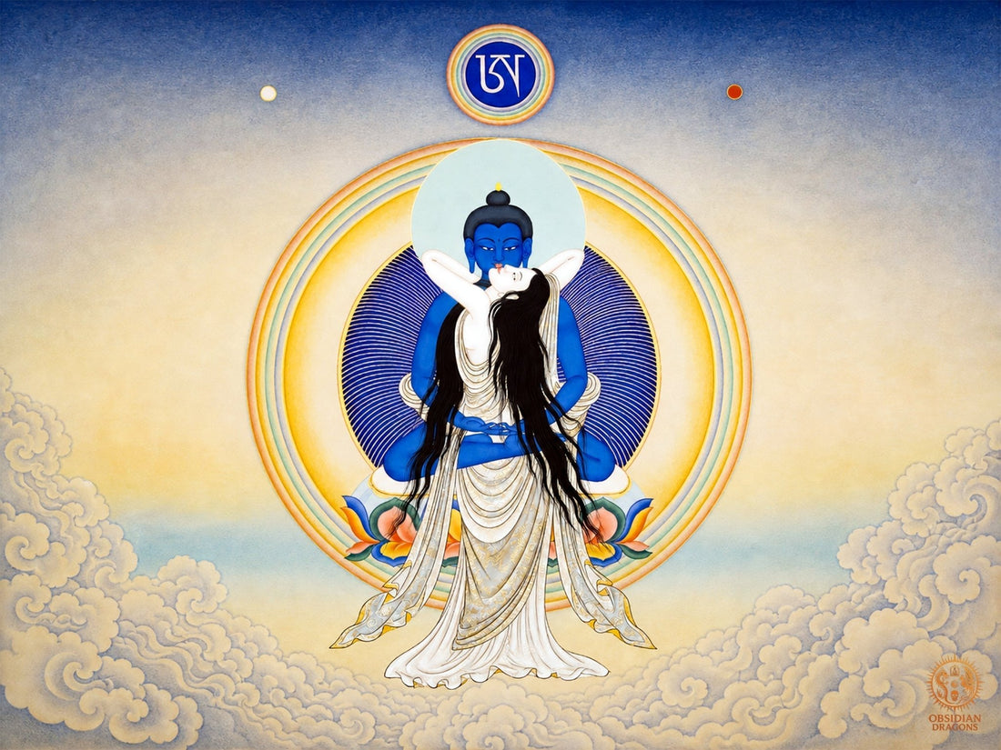 Samantabhadra en Yab Yum avec Samantabhadrī, union sacrée du bouddhisme tantrique Vajrayāna entre sagesse, compassion, félicité et vacuité.
