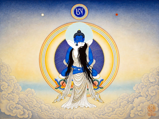 Samantabhadra en Yab Yum avec Samantabhadrī, union sacrée du bouddhisme tantrique Vajrayāna entre sagesse, compassion, félicité et vacuité.