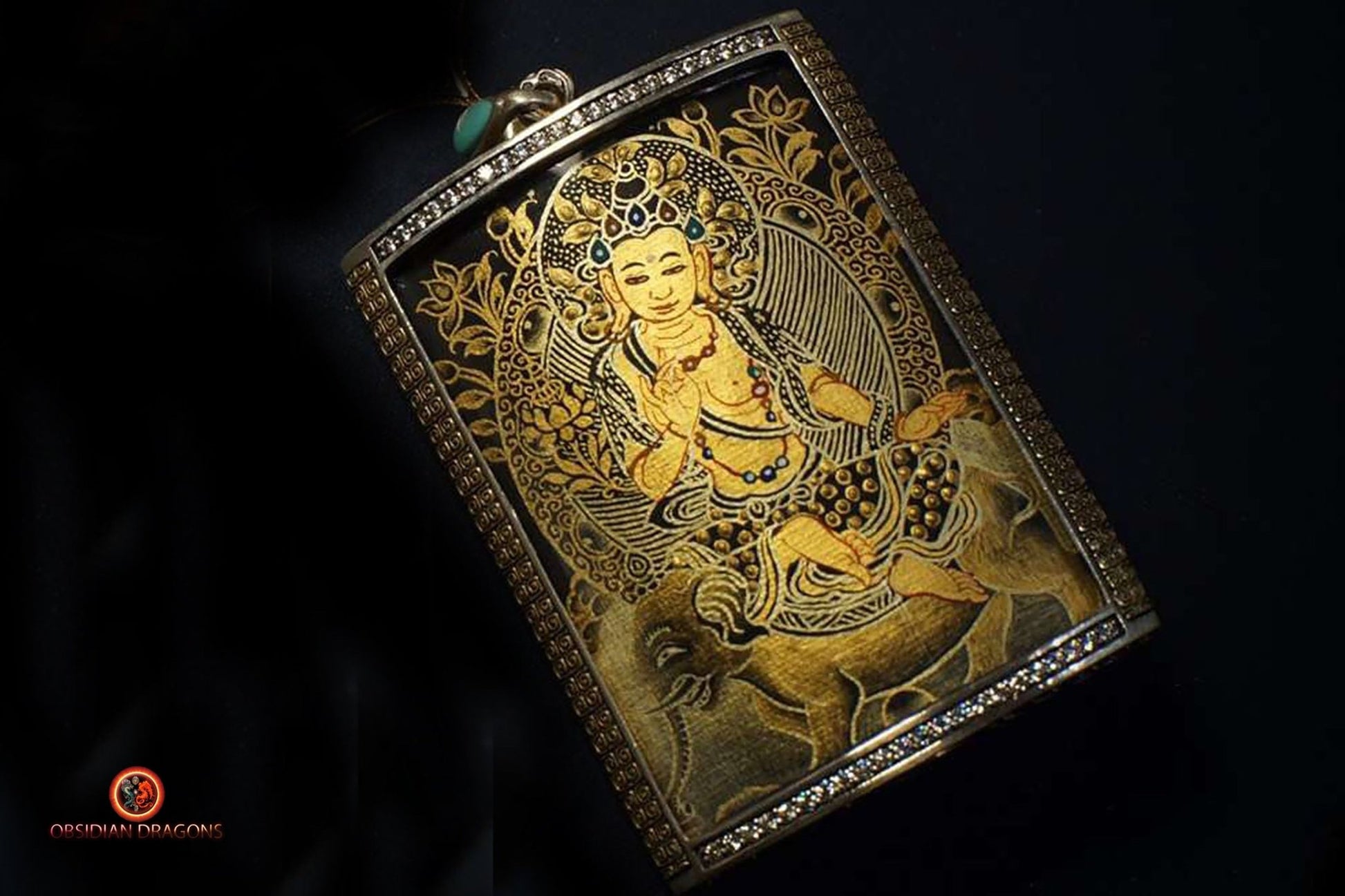 Amulette Tibétaine Samantabhadra- Tangka- Or Noir et Diamant | obsidian dragons