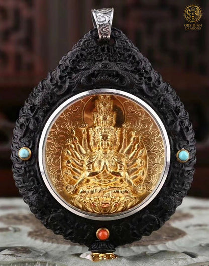 Amulette Bouddhiste -Bodhisattva Chenrezig - Ébène Or & Turquoise | obsidian dragons
