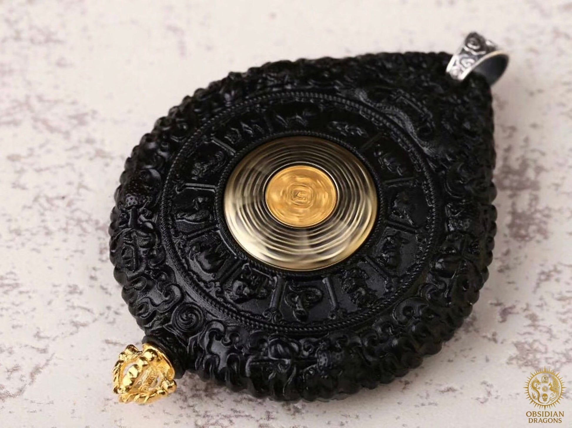Amulette Bouddhiste - Bodhisattva manjushri - Ébène Or & Turquoise | obsidian dragons