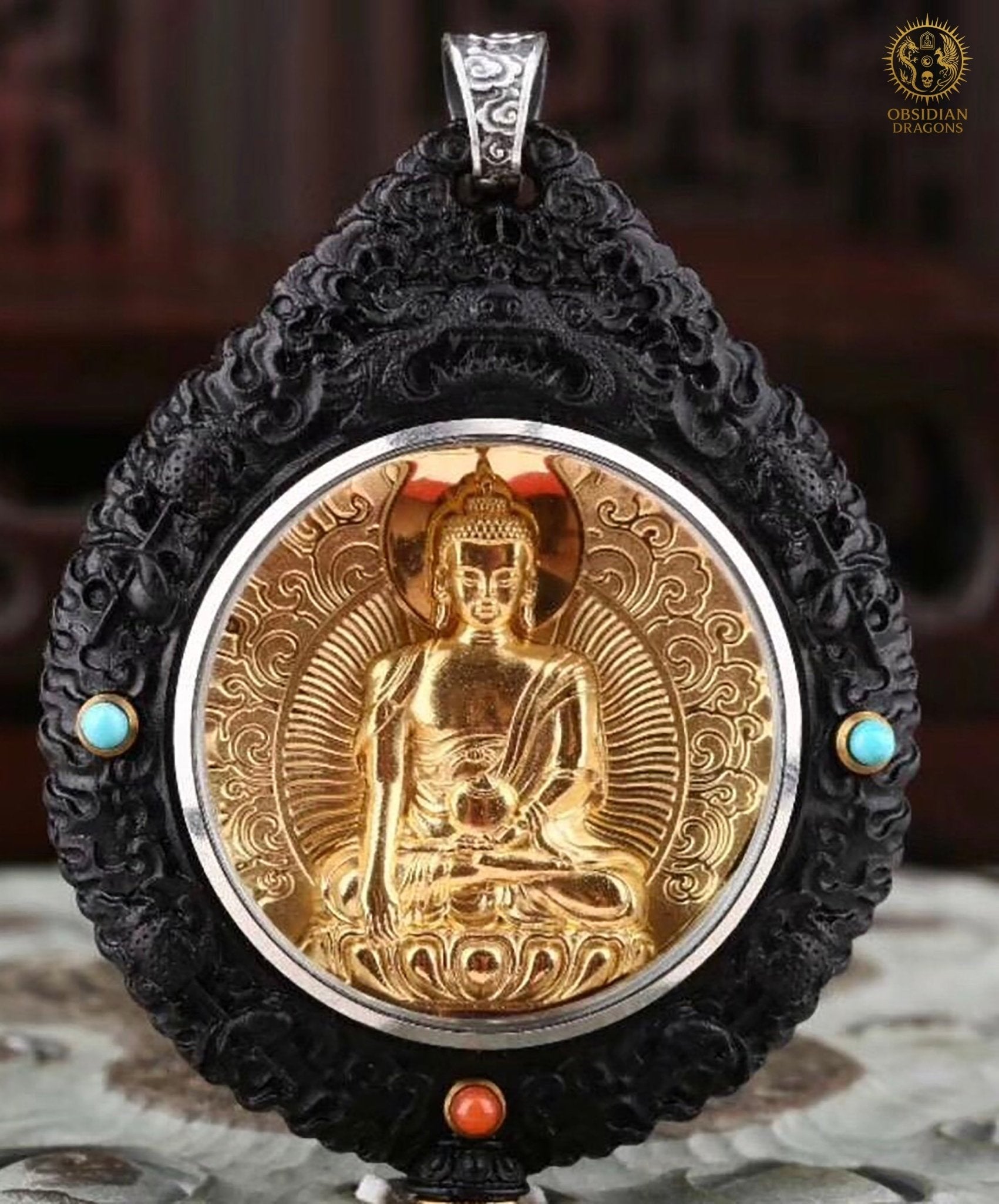 Amulette Bouddhiste – Bouddha Médecine – Ébène, Or & Turquoise | obsidian dragons