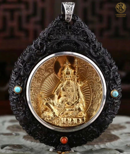 Amulette Bouddhiste -Guru Rinpoche - Ébène Or & Turquoise | obsidian dragons