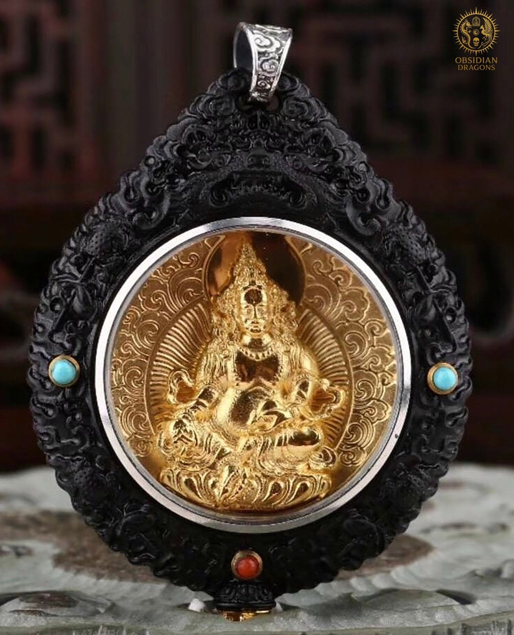 Amulette Bouddhiste - Jambhala - Ébène Or & Turquoise | obsidian dragons