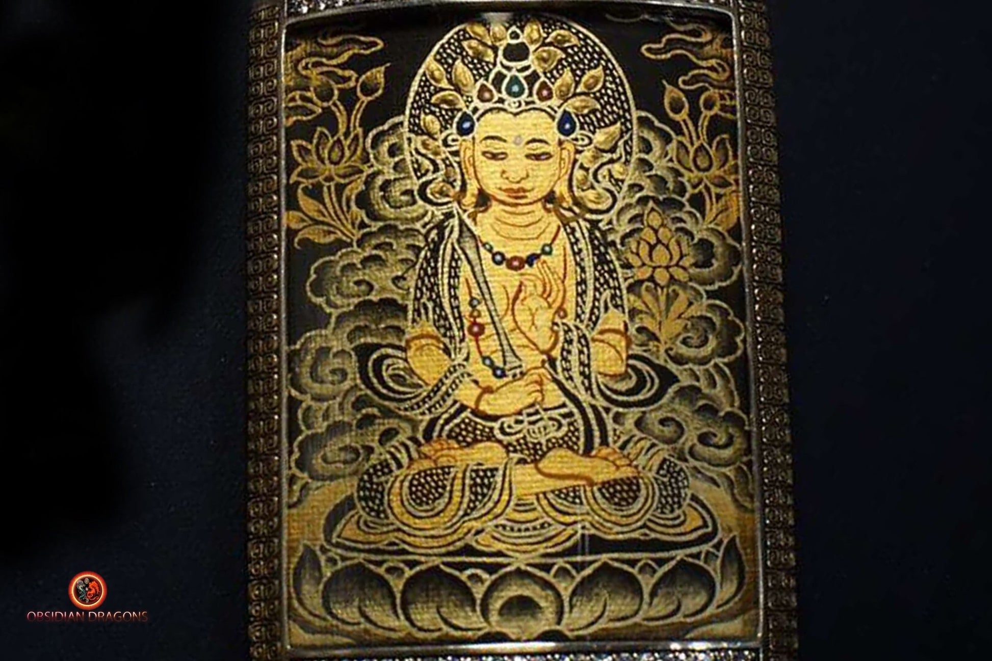 Amulette Tibétaine Akashagarbha- Tangka- Or Noir et Diamant | obsidian dragons