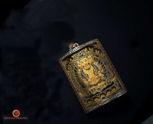 Amulette tibétaine Vairocana- Tangka- Or noir et diamant | obsidian dragons