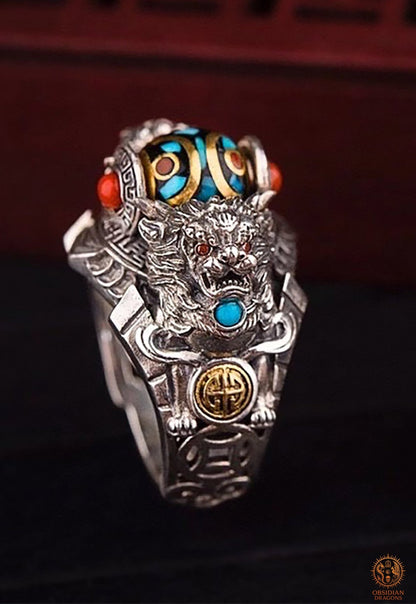 Bague Tibétaine en Argent 925 – Lions Protecteurs & Dzi | obsidian dragons