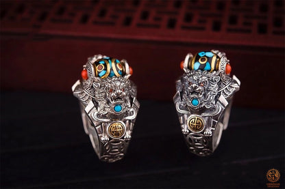 Bague Tibétaine en Argent 925 – Lions Protecteurs & Dzi | obsidian dragons