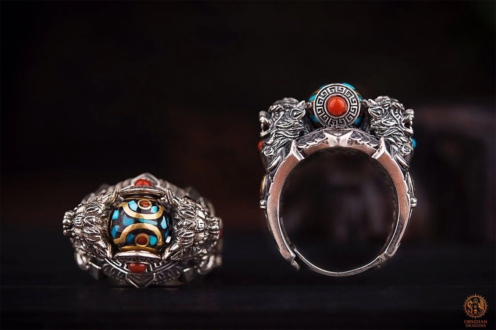 Bague Tibétaine en Argent 925 – Lions Protecteurs & Dzi | obsidian dragons