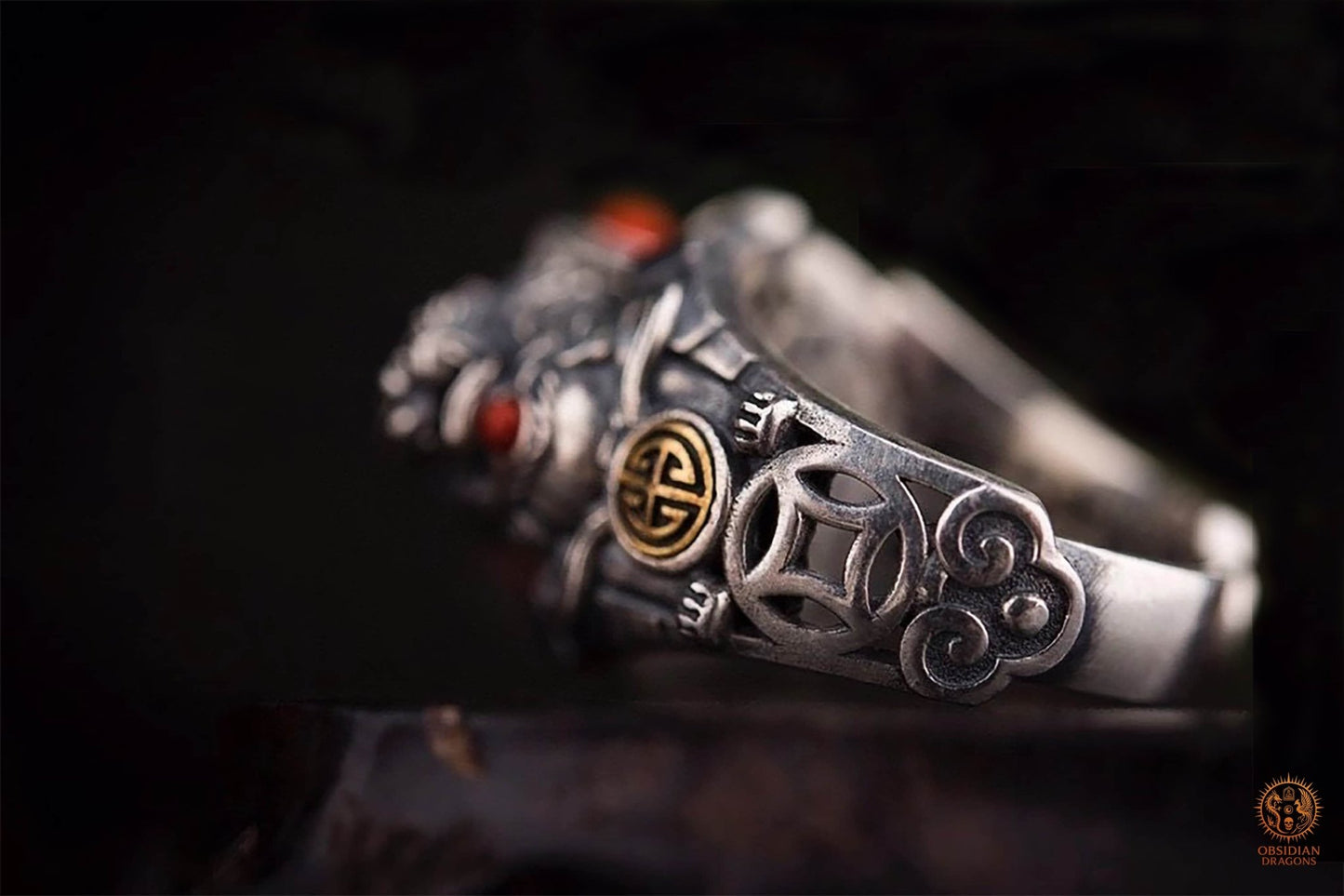 Bague Tibétaine en Argent 925 – Lions Protecteurs & Dzi | obsidian dragons