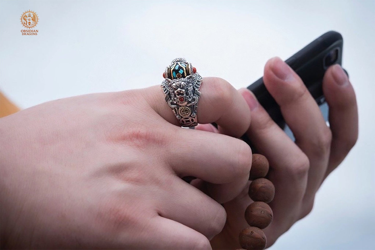 Bague Tibétaine en Argent 925 – Lions Protecteurs & Dzi | obsidian dragons