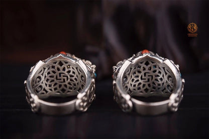 Bague Tibétaine en Argent 925 – Lions Protecteurs & Dzi | obsidian dragons