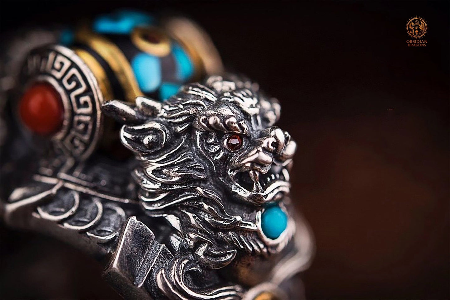 Bague Tibétaine en Argent 925 – Lions Protecteurs & Dzi | obsidian dragons