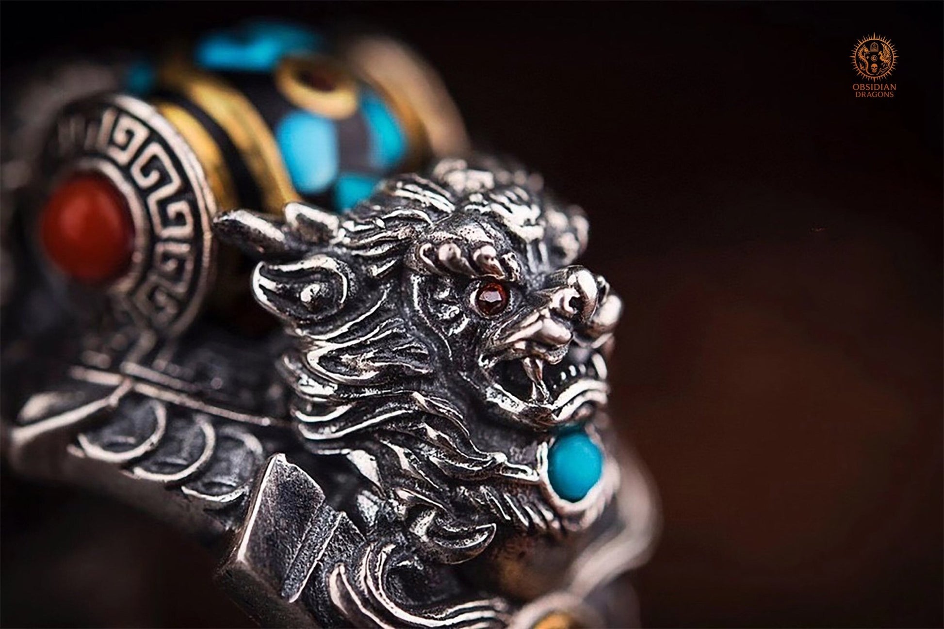 Bague Tibétaine en Argent 925 – Lions Protecteurs & Dzi | obsidian dragons