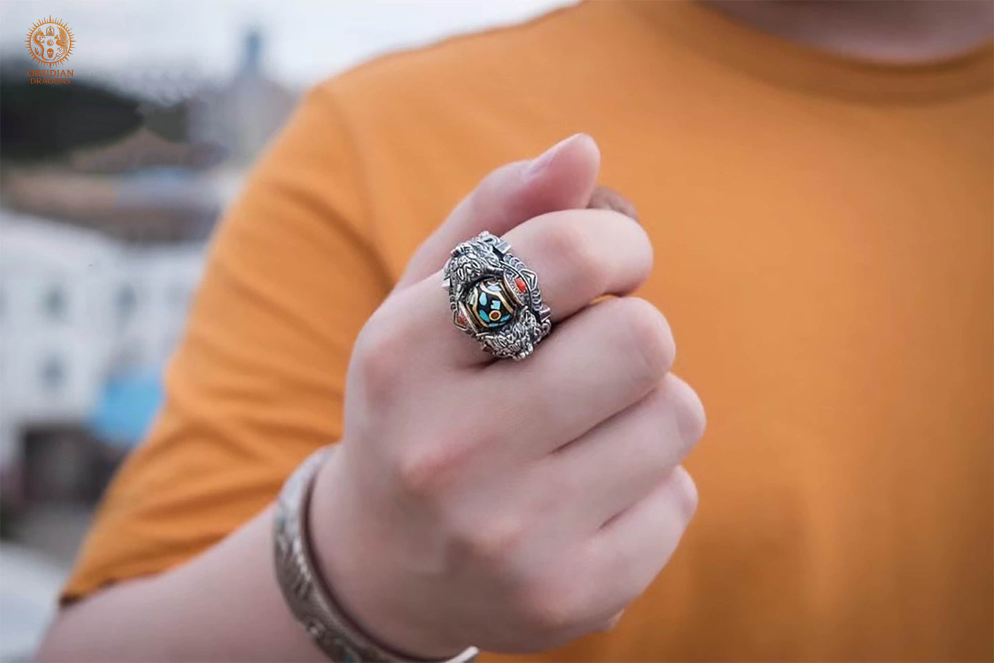 Bague Tibétaine en Argent 925 – Lions Protecteurs & Dzi | obsidian dragons
