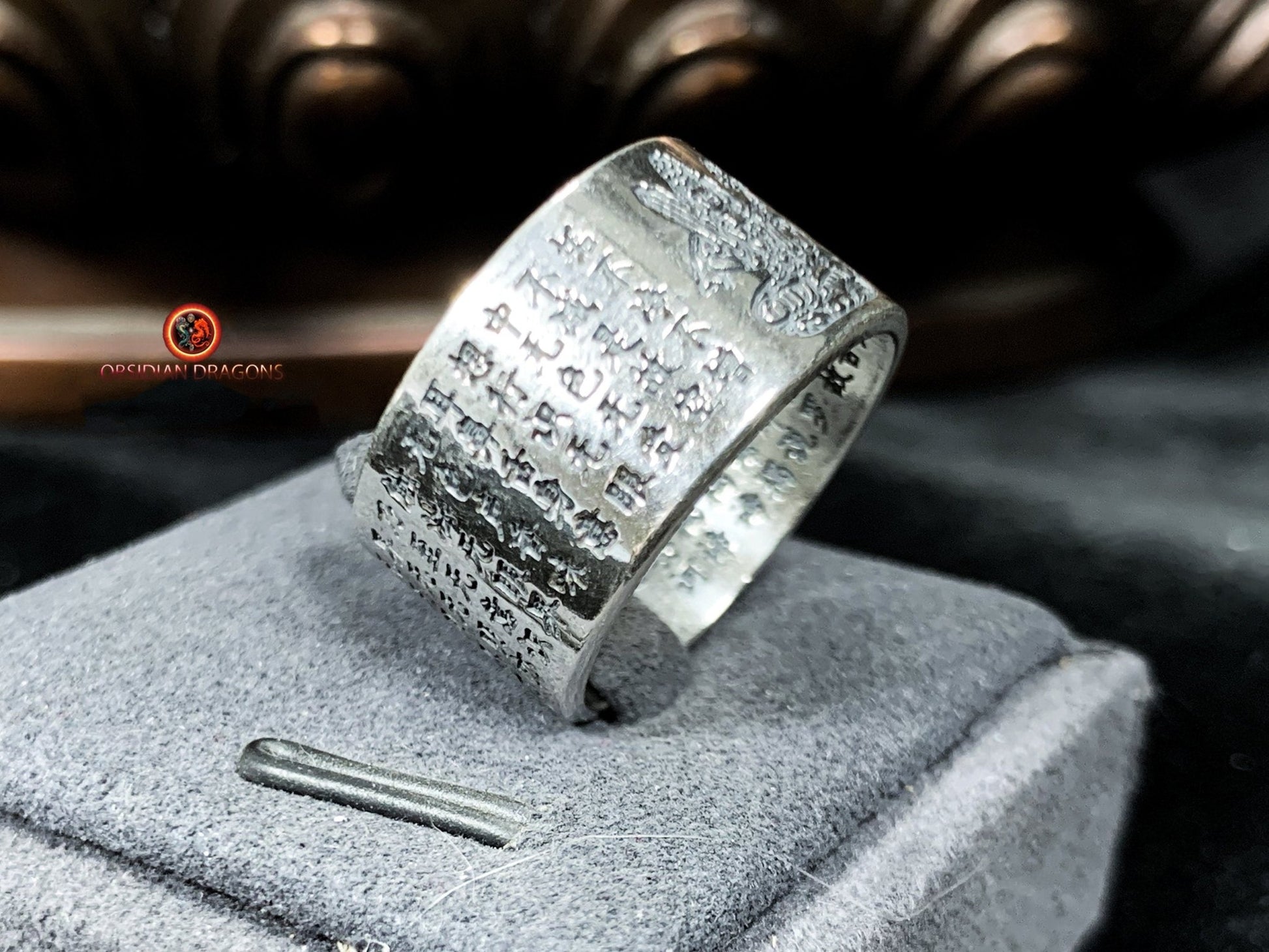 Bague bouddhiste en argent - Akashagarbha - Sutra du Cœur | obsidian dragons