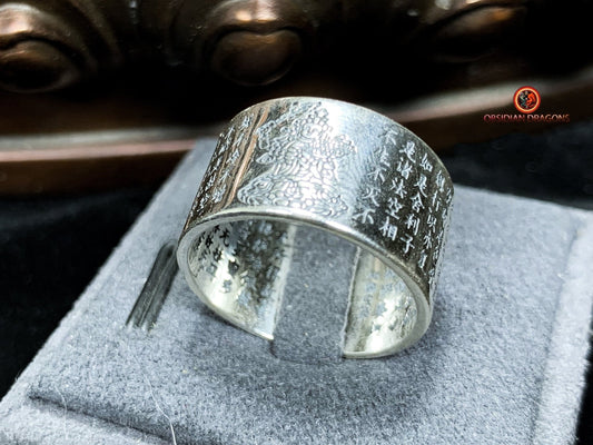 Bague bouddhiste en argent - Manjushri - Sutra du Cœur | obsidian dragons