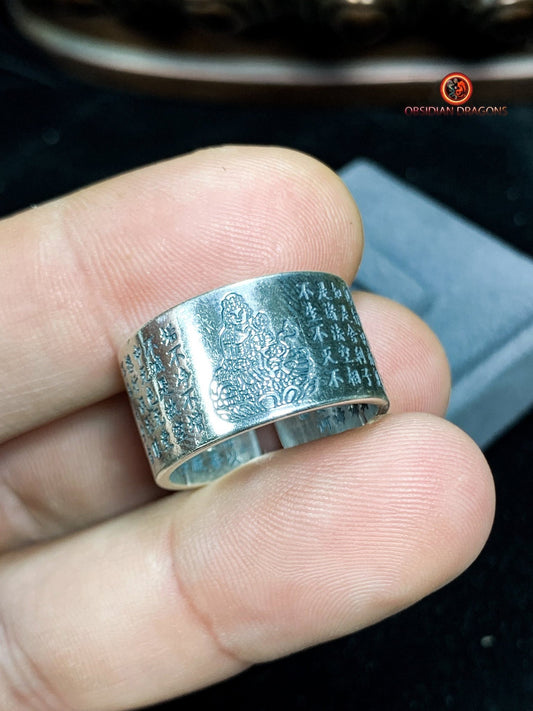 Bague bouddhiste en argent - Samantabhadra - Sutra du Cœur | obsidian dragons