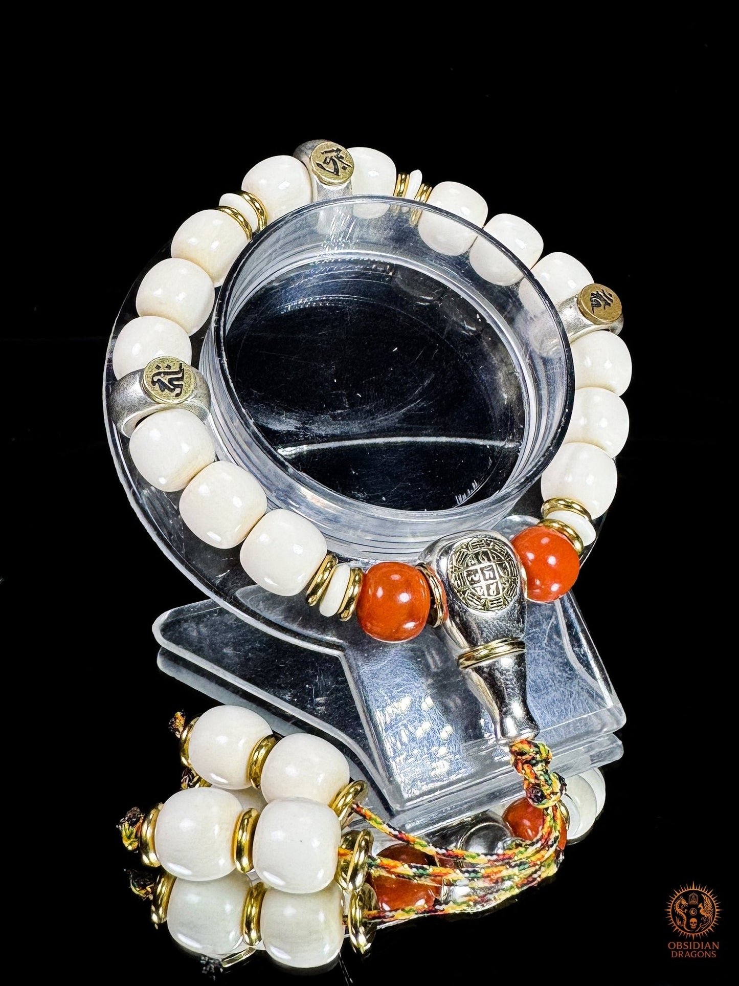 Bracelet bouddhiste en ivoire de mammouth – 3 Bouddhas célestes | obsidian dragons