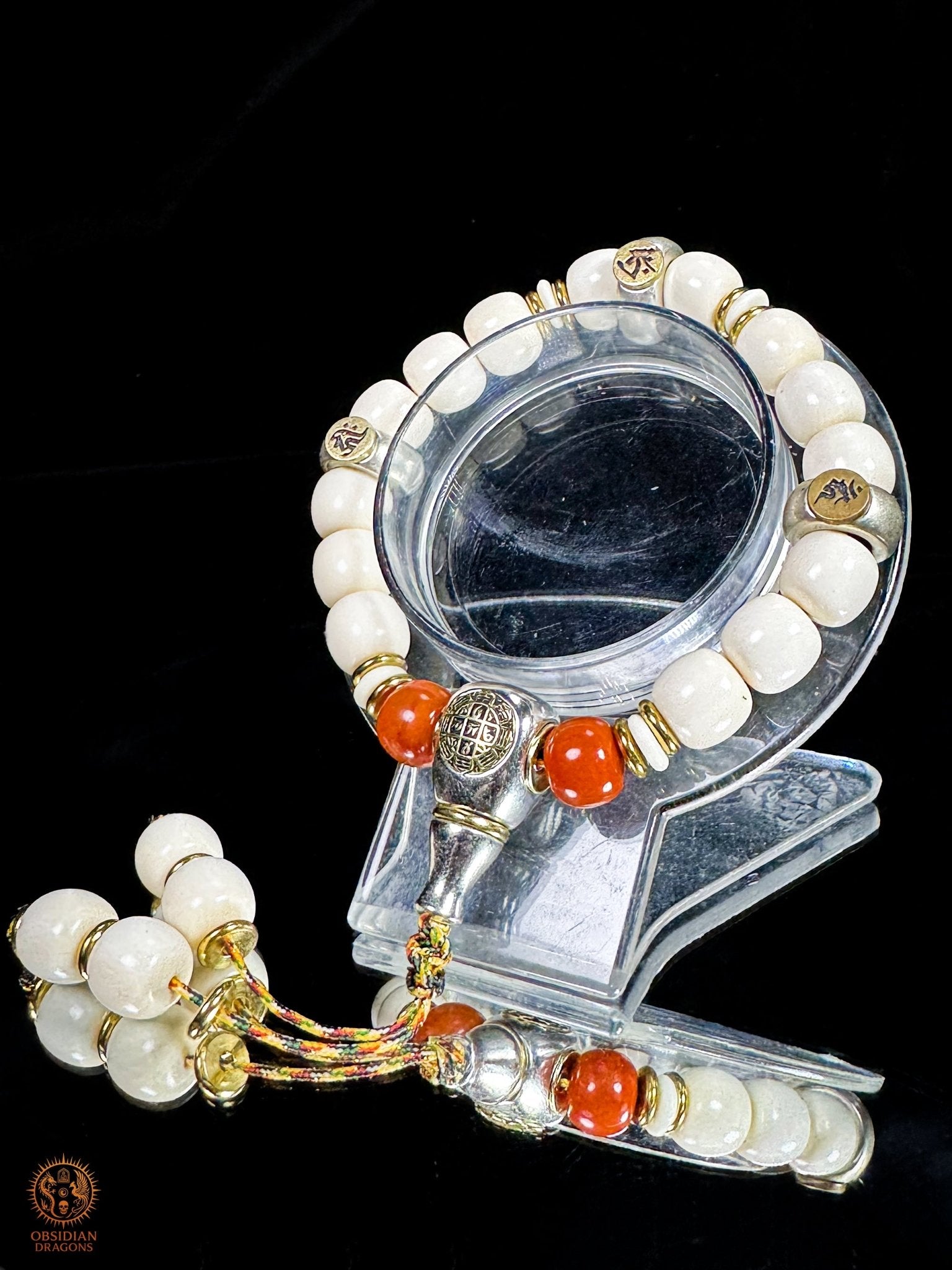 Bracelet bouddhiste en ivoire de mammouth – 3 Bouddhas célestes | obsidian dragons