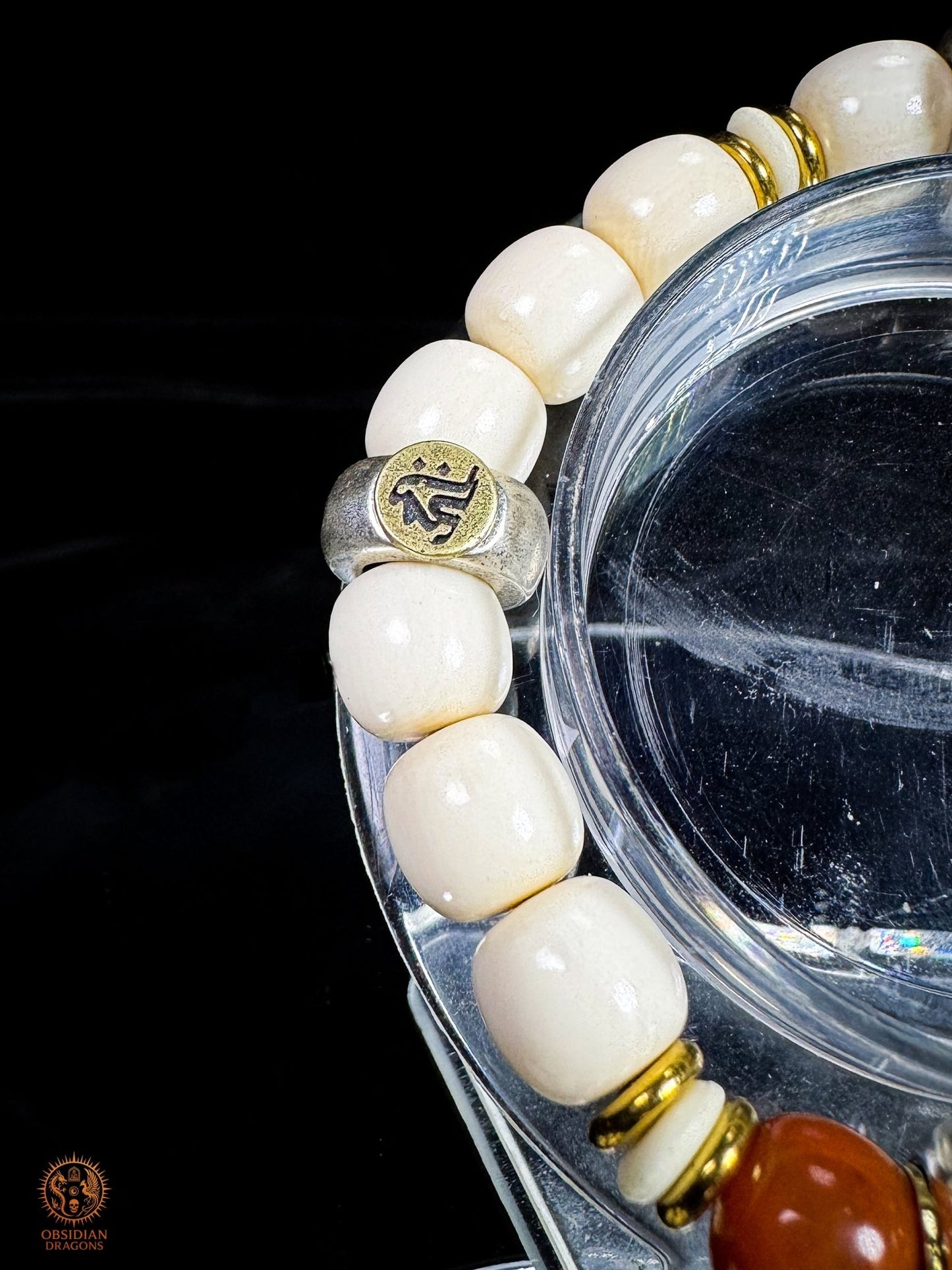 Bracelet bouddhiste en ivoire de mammouth – 3 Bouddhas célestes | obsidian dragons
