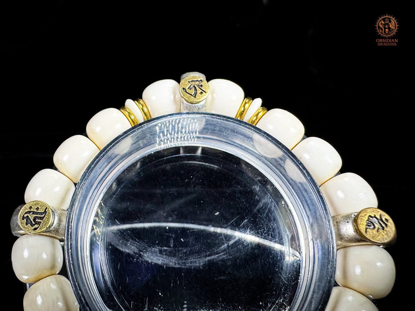 Bracelet bouddhiste en ivoire de mammouth – 3 Bouddhas célestes | obsidian dragons