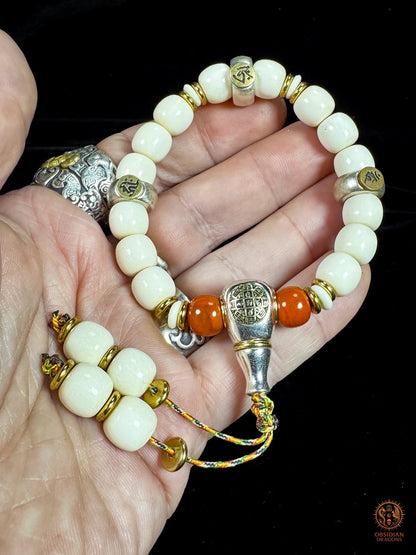 Bracelet bouddhiste en ivoire de mammouth – 3 Bouddhas célestes | obsidian dragons