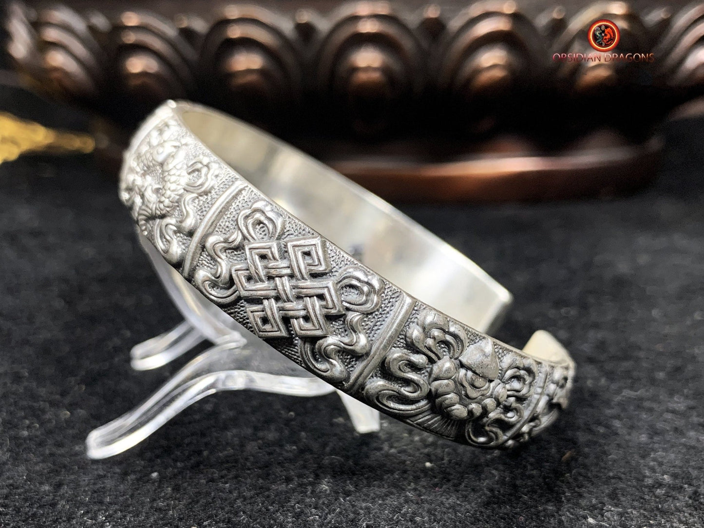 Bracelet Bouddhiste en Argent 999 - 8 Symboles Sacrés | obsidian dragons