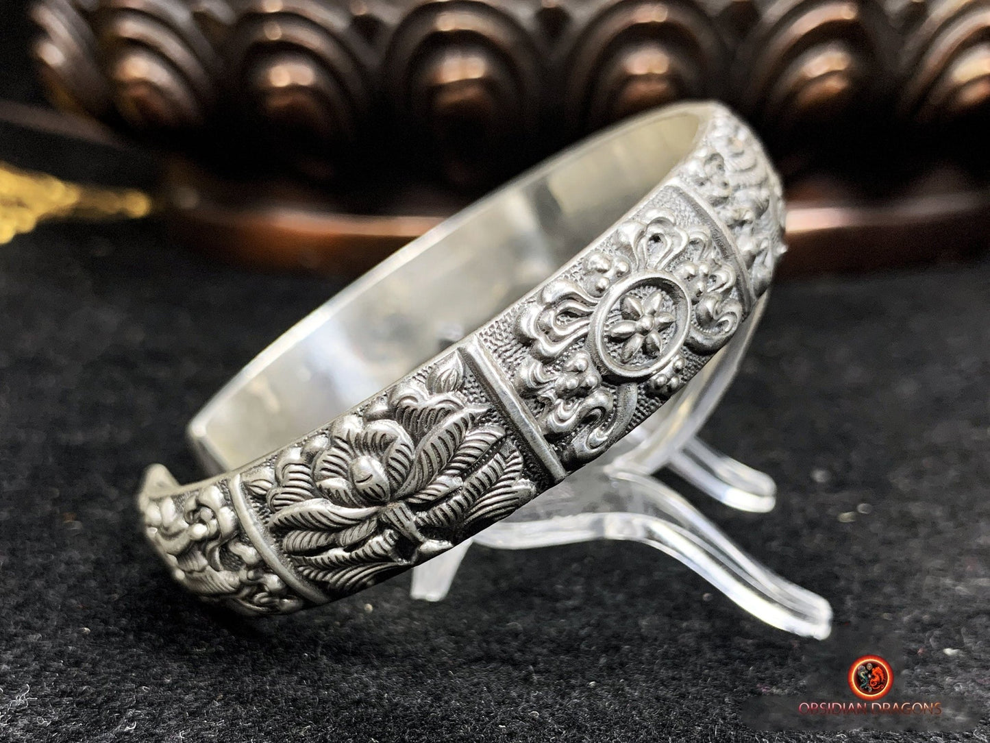 Bracelet Bouddhiste en Argent 999 - 8 Symboles Sacrés | obsidian dragons