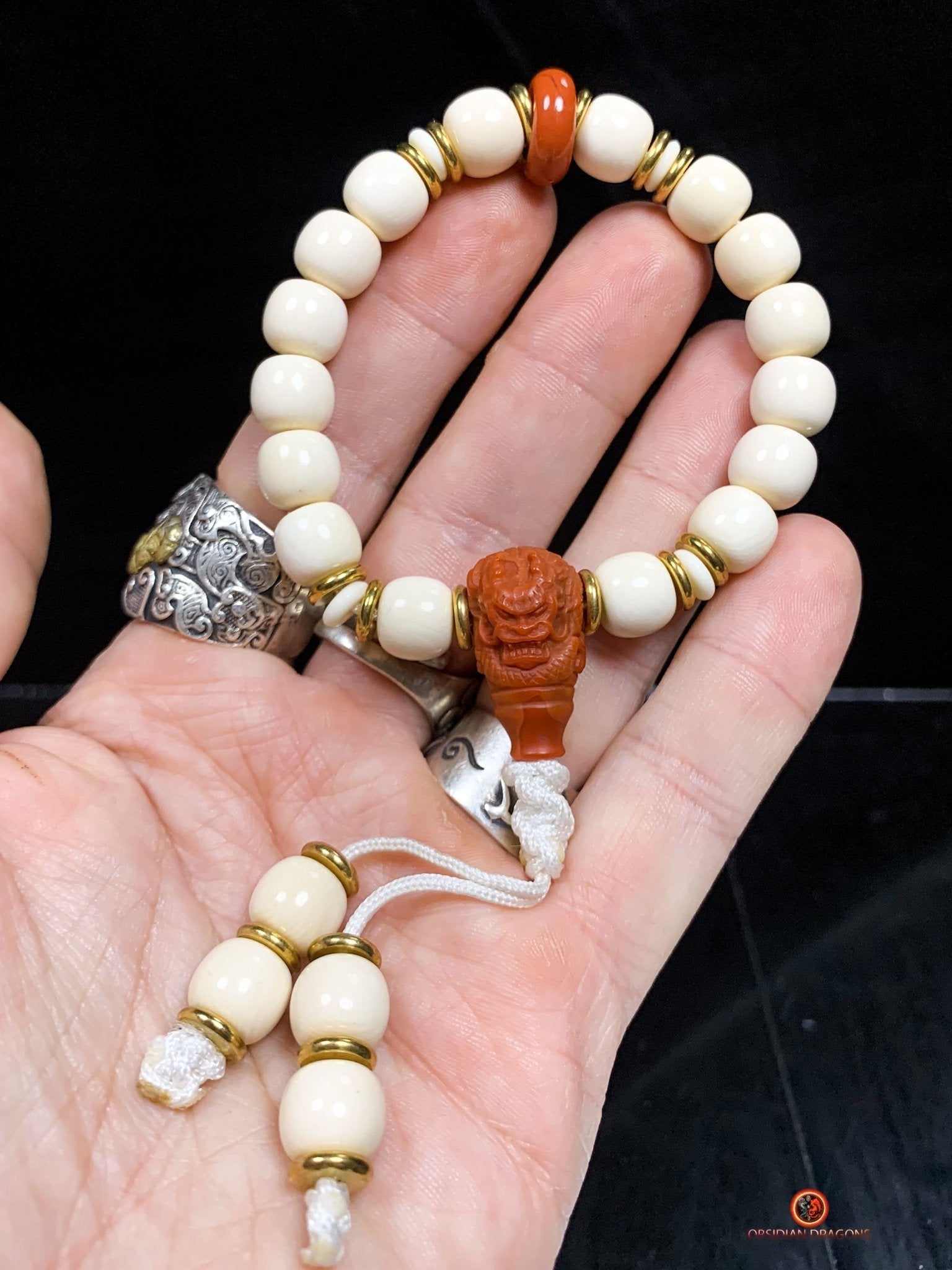 Bracelet Dragon en Ivoire de Mammouth et Agate Nan Hong | obsidian dragons