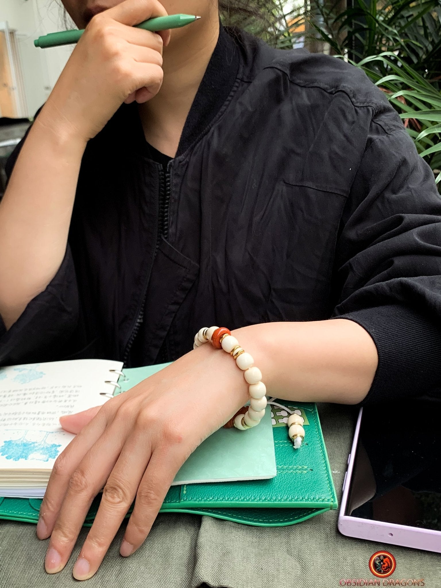 Bracelet Dragon en Ivoire de Mammouth et Agate Nan Hong | obsidian dragons