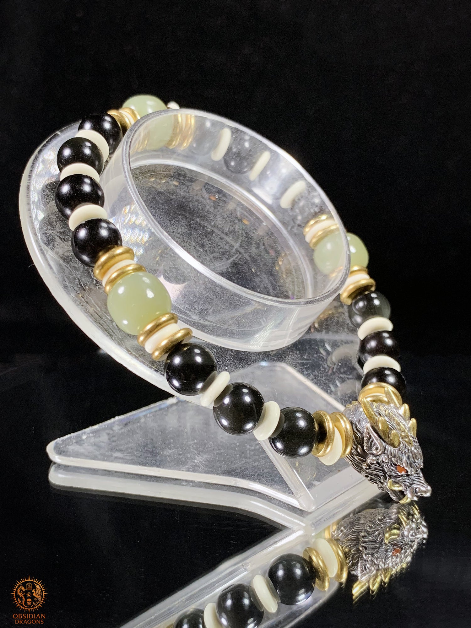 Bracelet Dragon en Obsidienne Œil Céleste, Jade et argent | obsidian dragons