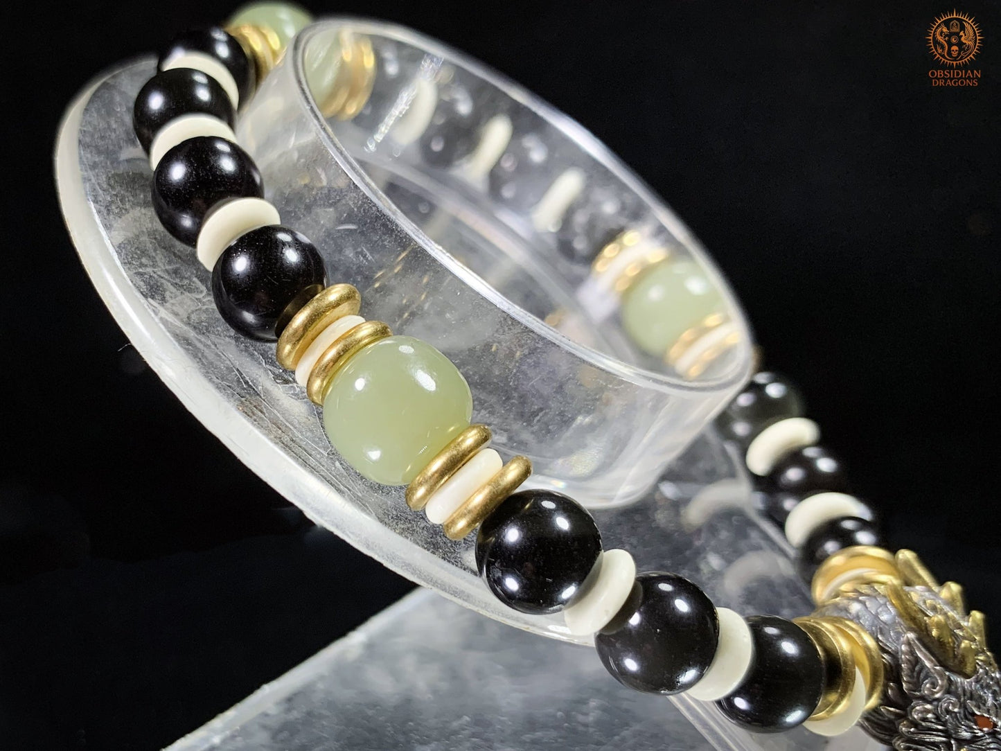 Bracelet Dragon en Obsidienne Œil Céleste, Jade et argent | obsidian dragons