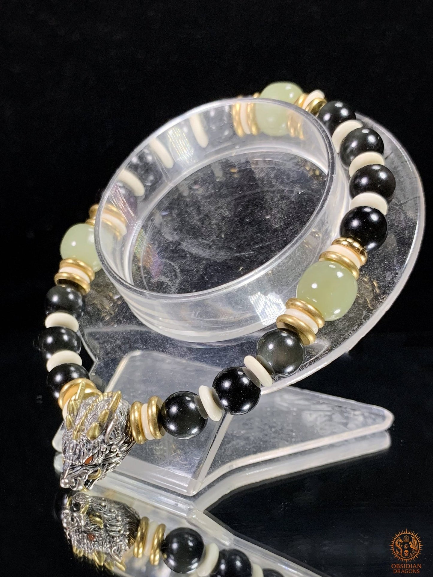 Bracelet Dragon en Obsidienne Œil Céleste, Jade et argent | obsidian dragons