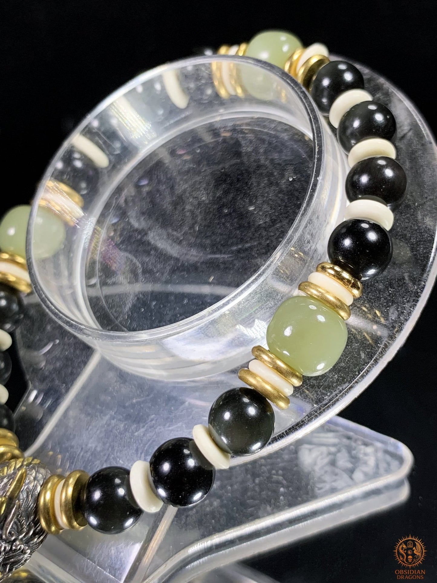 Bracelet Dragon en Obsidienne Œil Céleste, Jade et argent | obsidian dragons