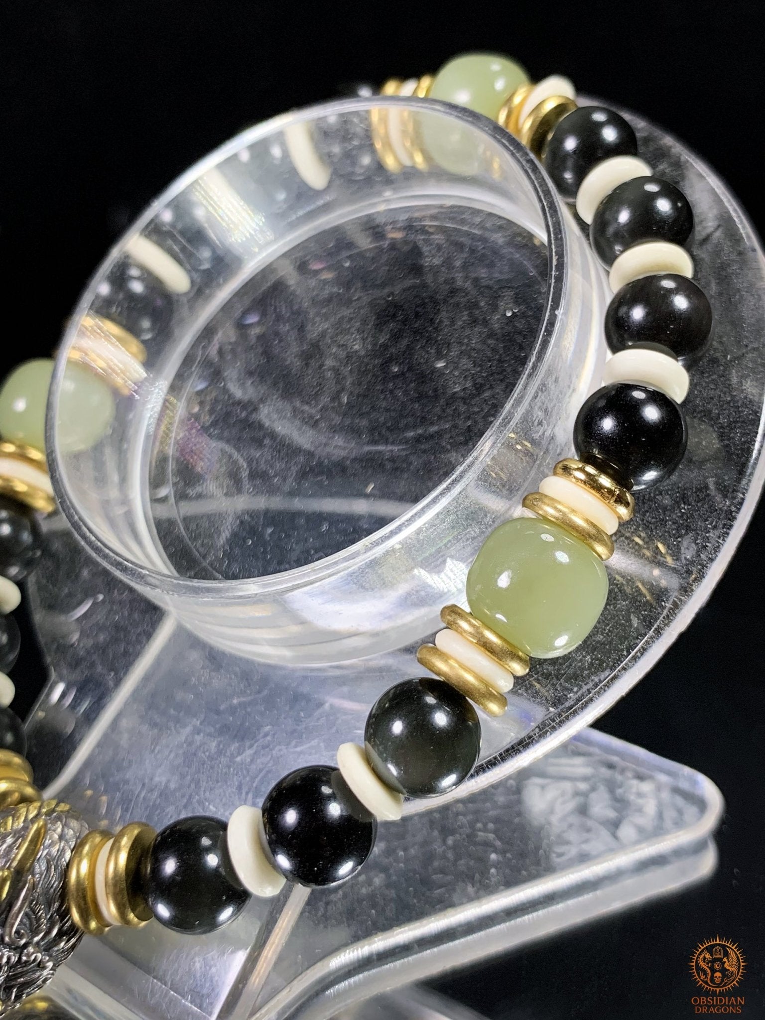Bracelet Dragon en Obsidienne Œil Céleste, Jade et argent | obsidian dragons