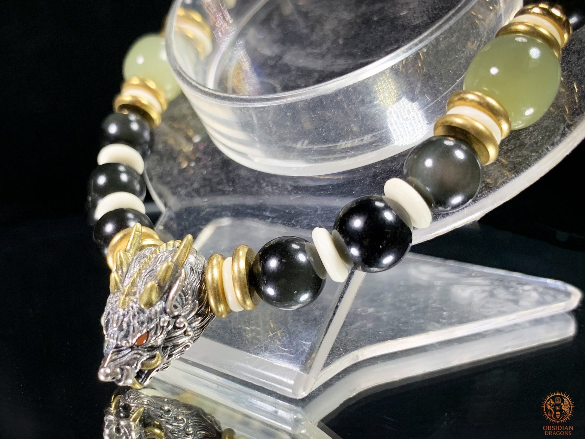 Bracelet Dragon en Obsidienne Œil Céleste, Jade et argent | obsidian dragons