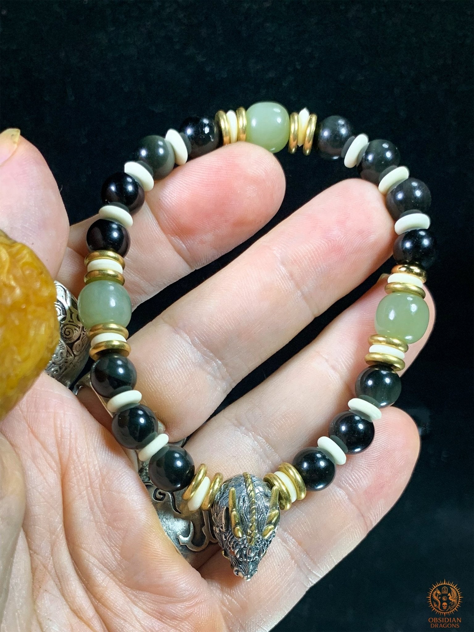 Bracelet Dragon en Obsidienne Œil Céleste, Jade et argent | obsidian dragons