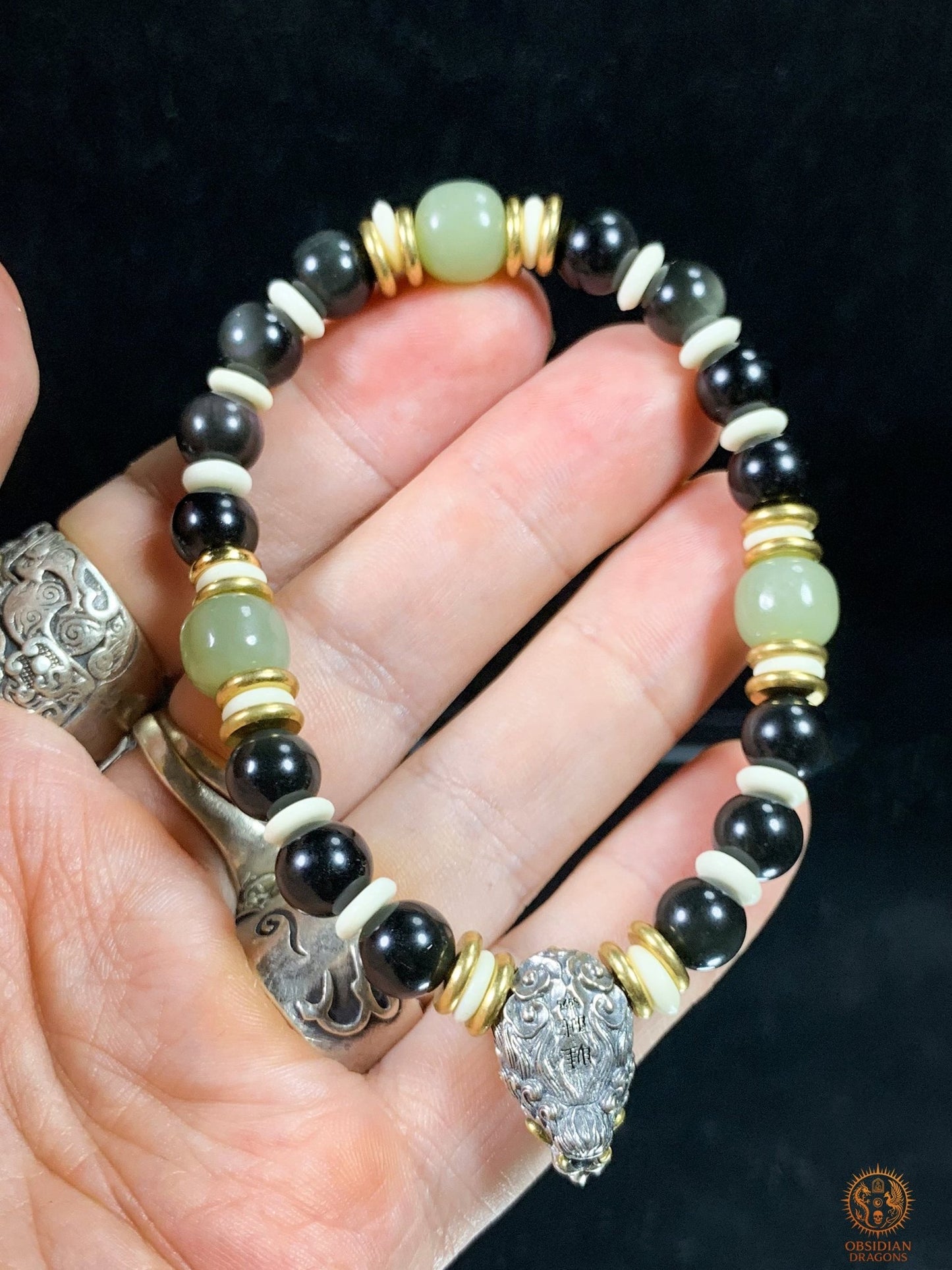 Bracelet Dragon en Obsidienne Œil Céleste, Jade et argent