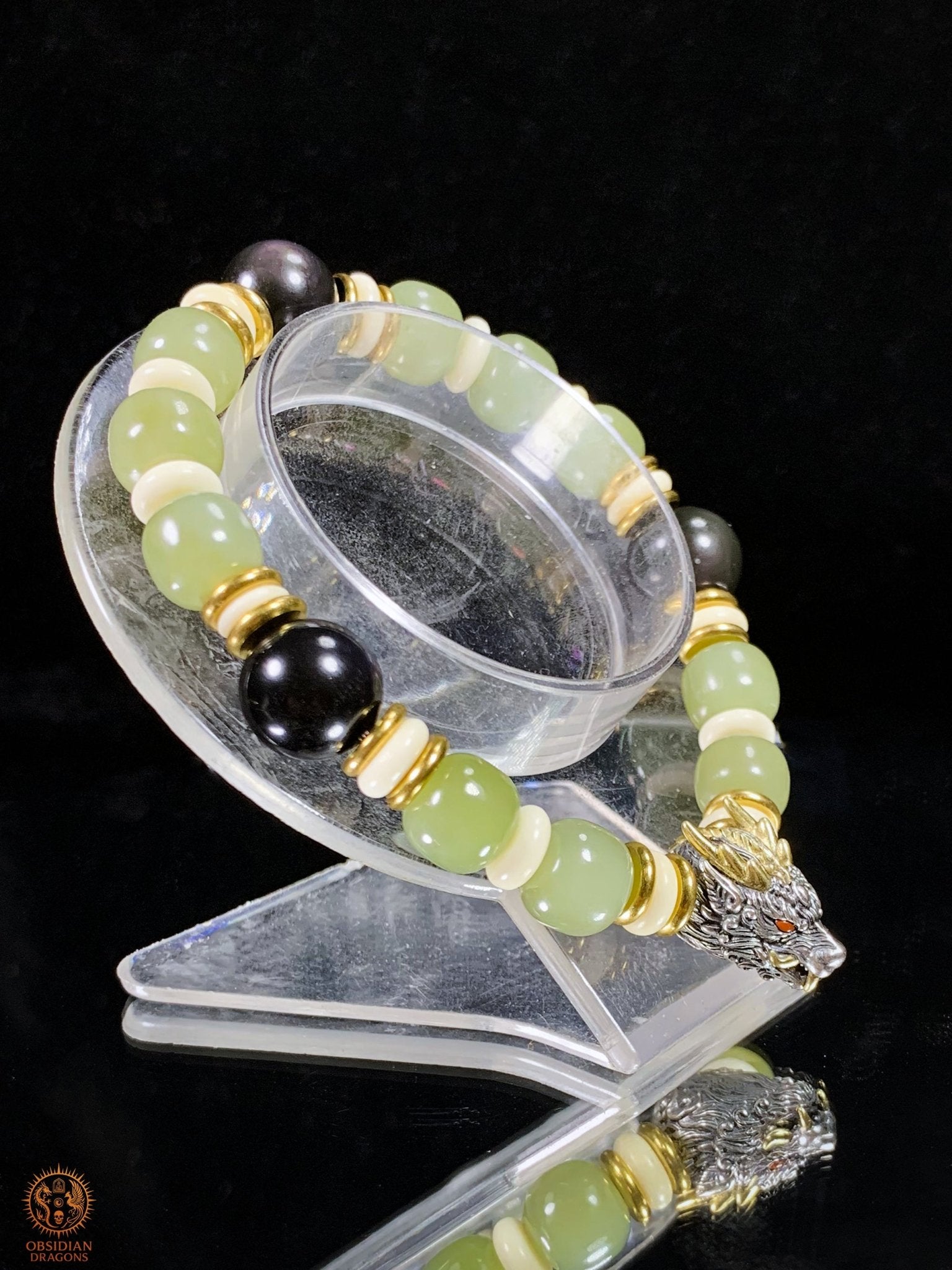 Bracelet Dragon en Jade, Obsidienne Œil Céleste et argent | obsidian dragons