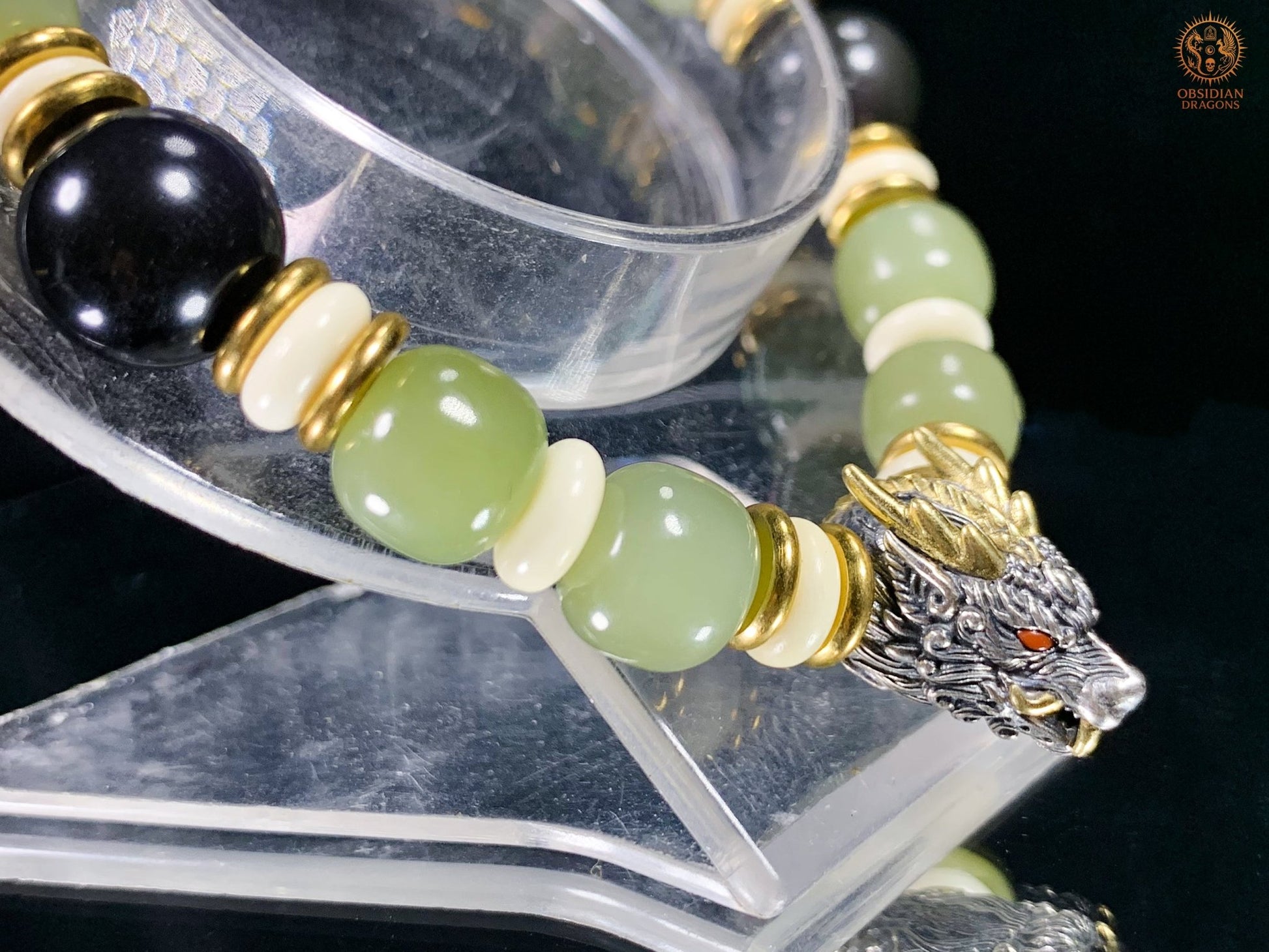Bracelet Dragon en Jade, Obsidienne Œil Céleste et argent | obsidian dragons